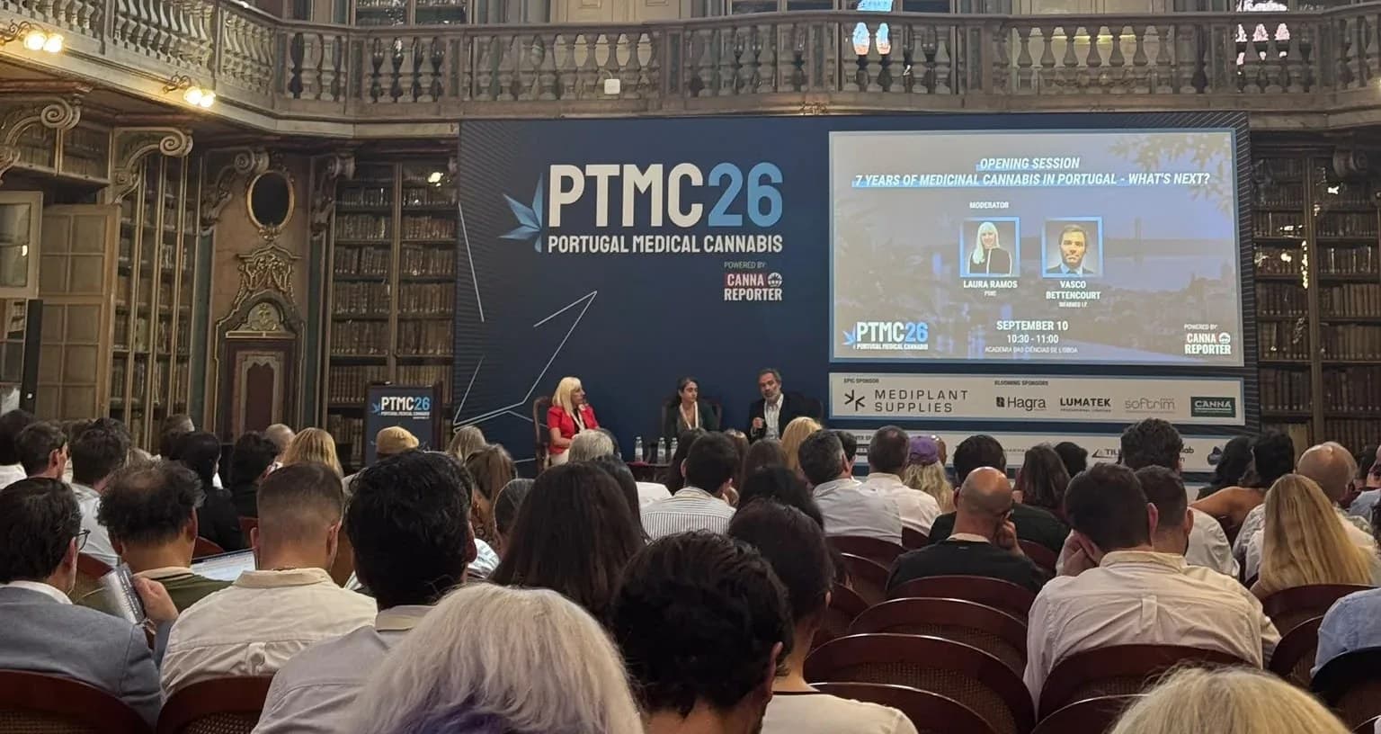 The PTMC26 opening session in Lisbon, with Infarmed’s Vasco Bettencourt on stage. Photograph published by Business of Cannabis with its 14 September 2026 report.